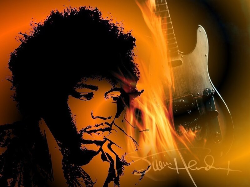Jimi Hendrix with fiery guitar