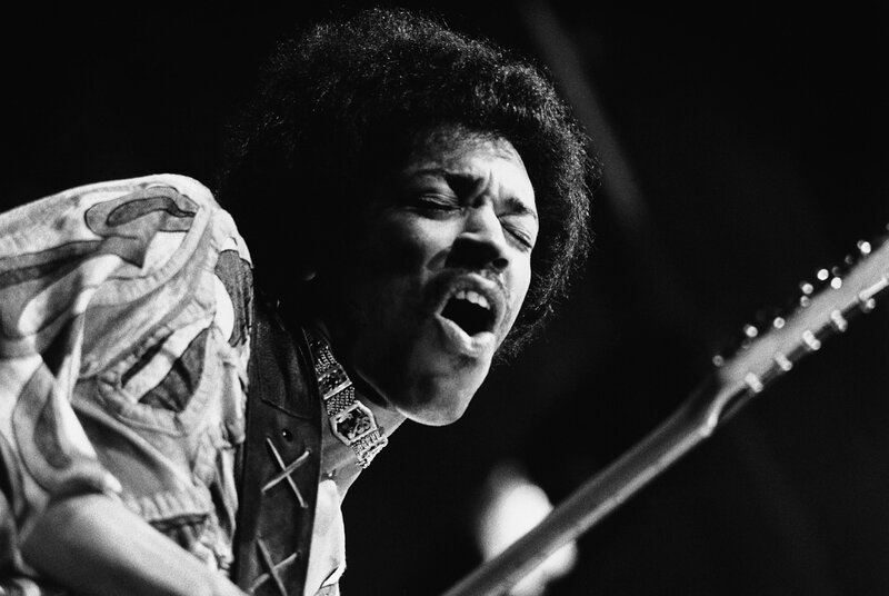 Jimmy Hendrix Playing Guitar — Black, Intense, Night