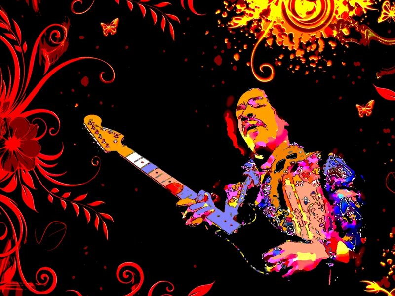 Jimmy Hendrix Playing Guitar — Black, Vibrant, Psychedelic
