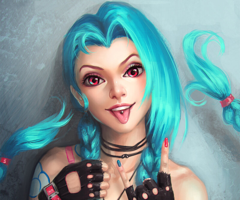 Jinx with blue hair and red eyes