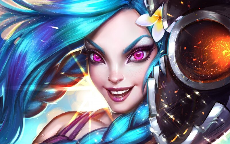 Jinx with vibrant hair and weapon