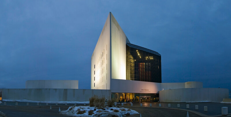 John F Kennedy Library at dusk