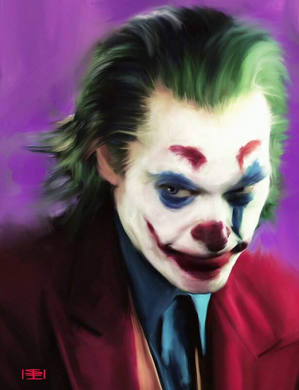 Joker Character Portrait — Purple, Dramatic, Digital Art, Green Hair