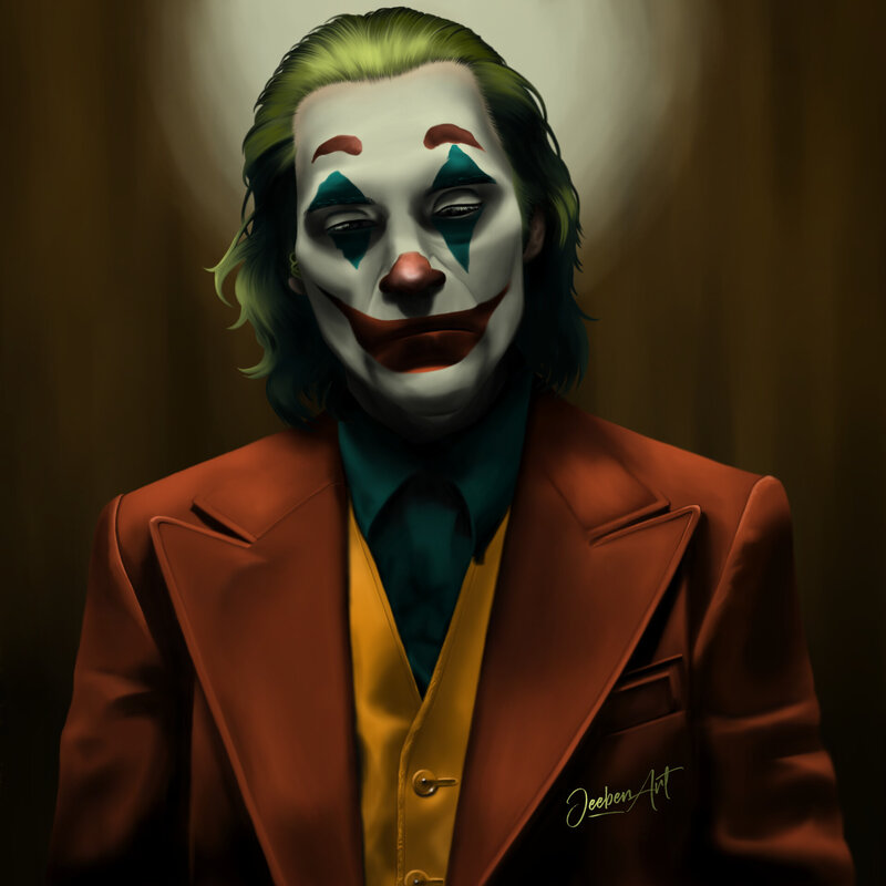 Joker Character Portrait — Red, Dramatic, Digital Art, Suit