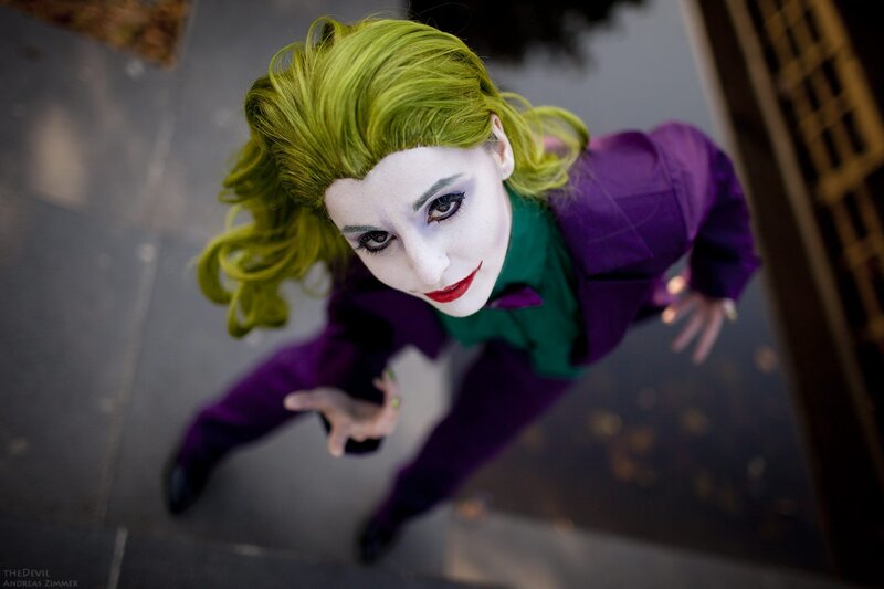 Joker cosplayer looking up