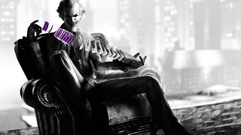 Joker Holding Cards — Black, Dramatic, Digital Art, Armchair