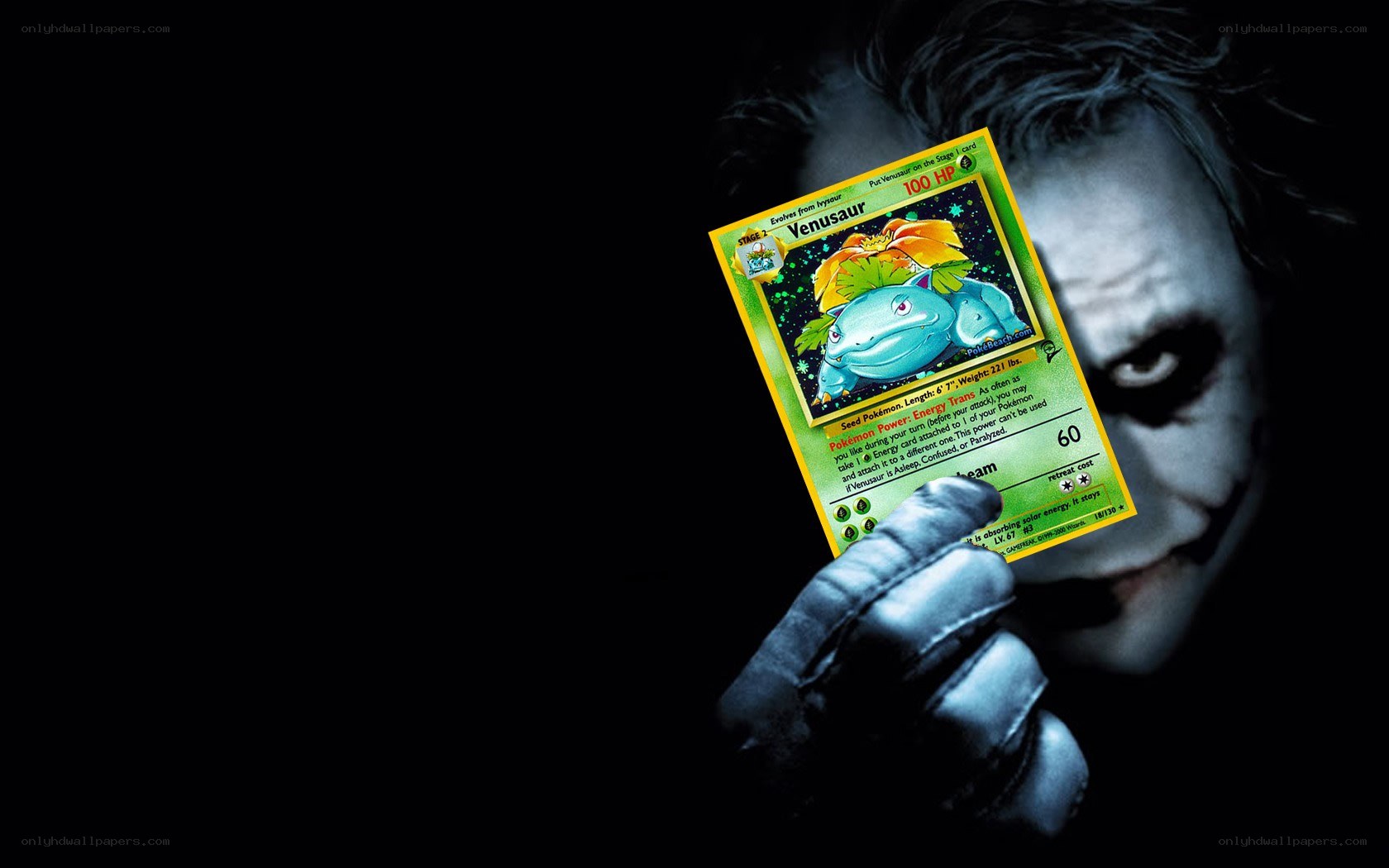 Joker holding Venusaur card