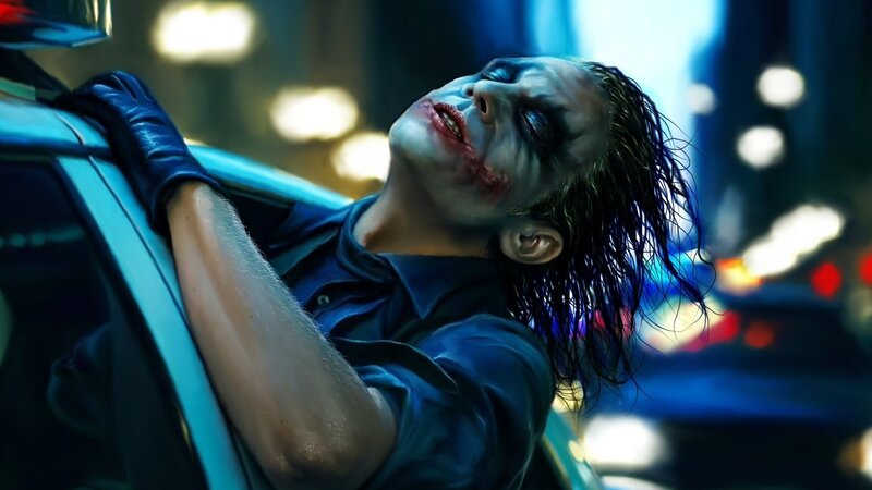 Joker Leaning on Car — Blue, Dramatic, Night, Digital Art