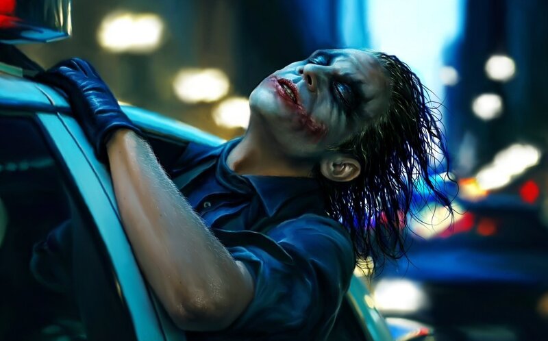 Joker Leaning on Car — Blue, Dramatic, Night