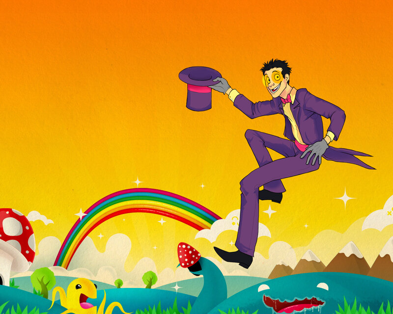 joker magician in whimsical landscape