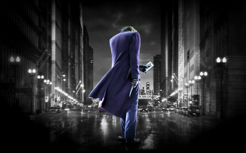 Joker on a rainy city street