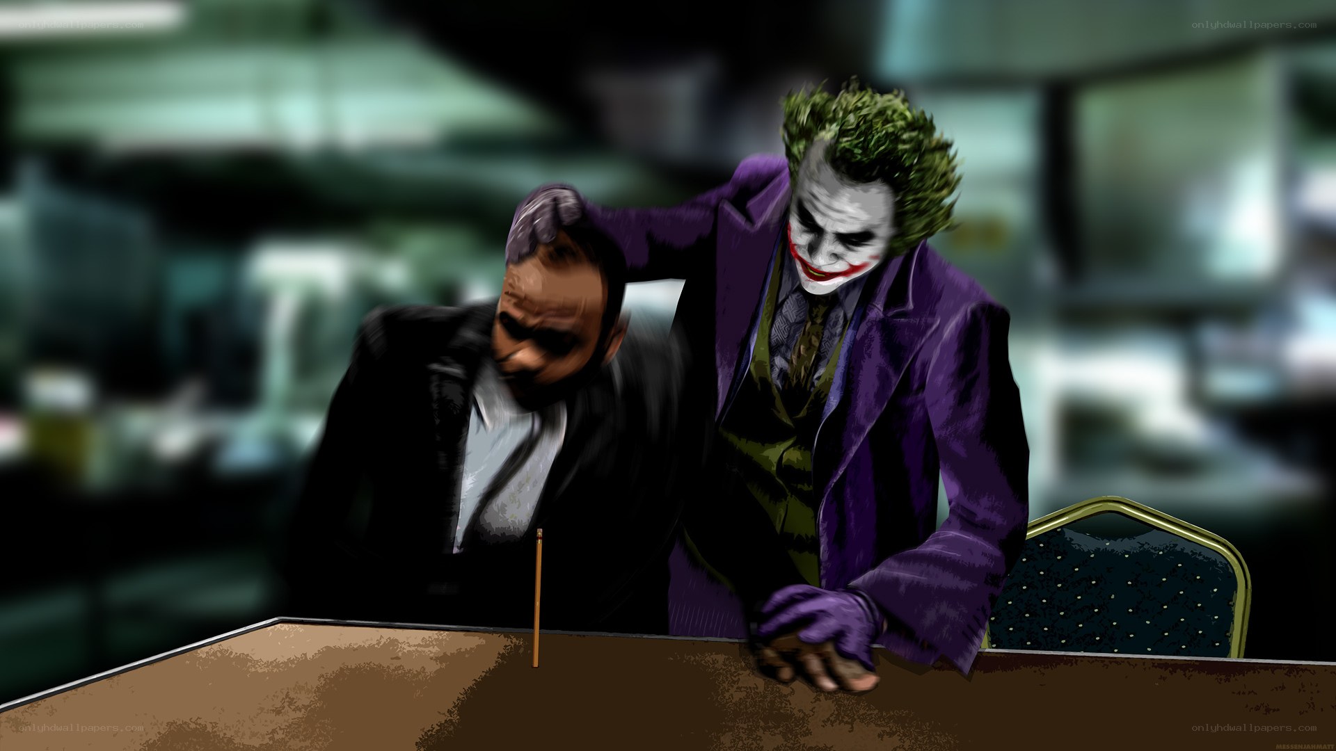 Joker with man at table
