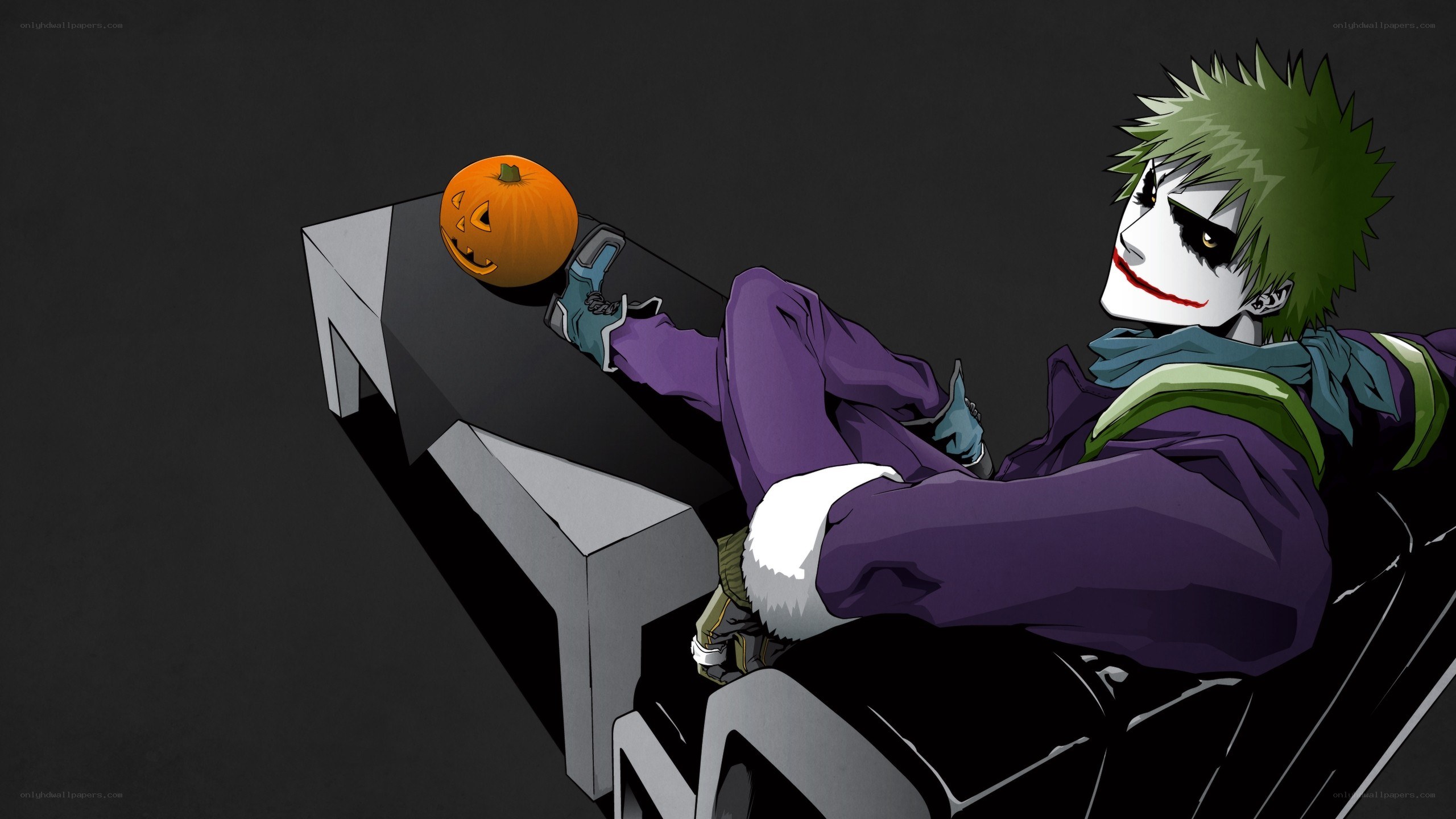 Joker with pumpkin on bench