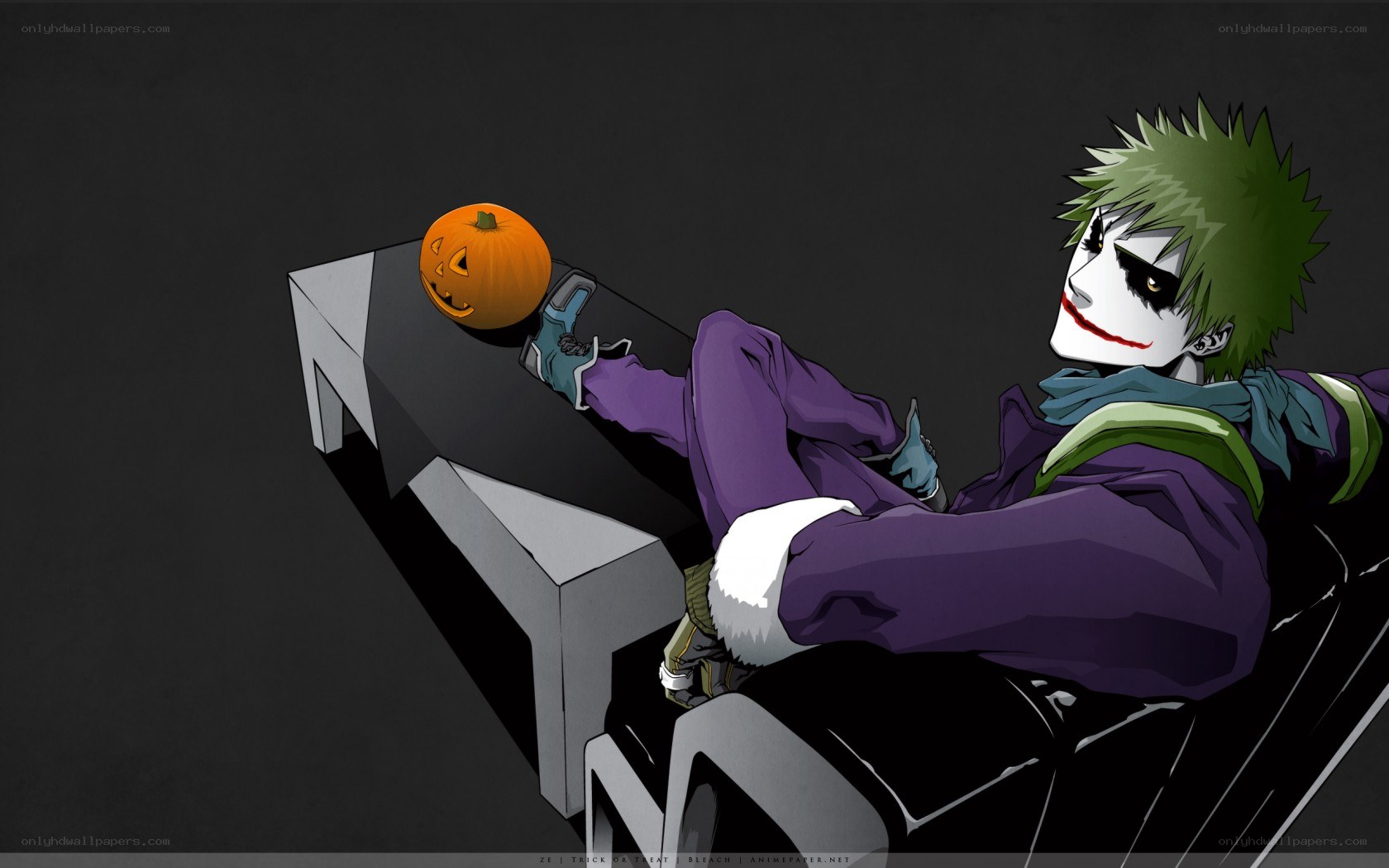 Joker with pumpkin on bench