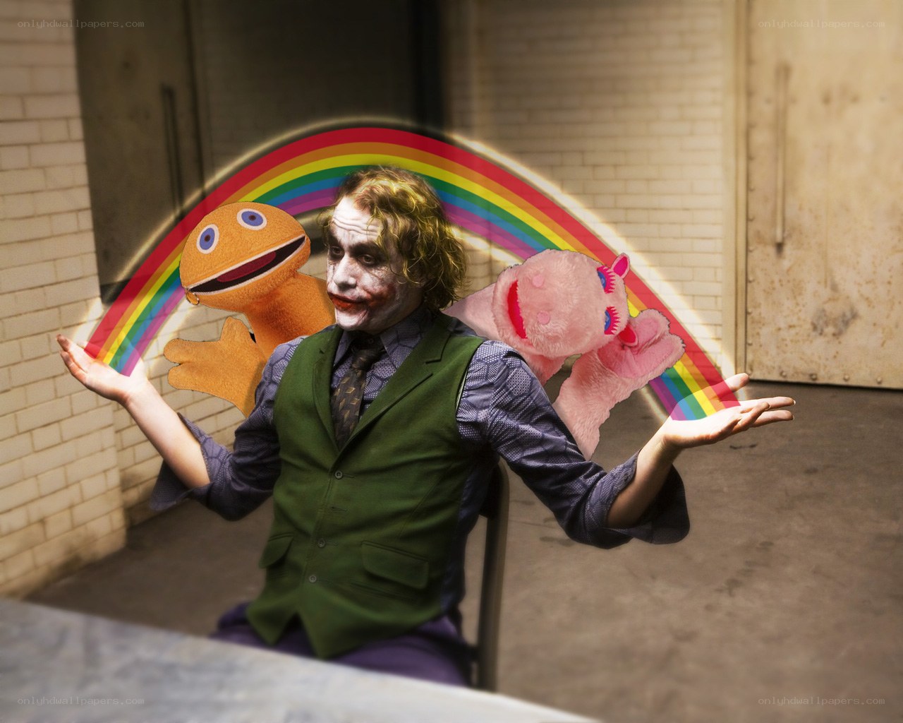 Joker with puppets and rainbow