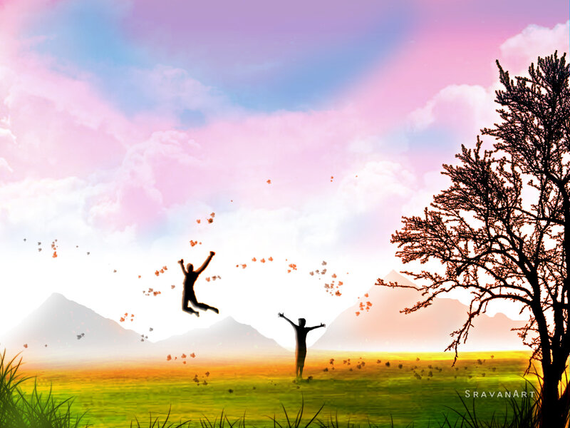Joyful people in a colorful landscape