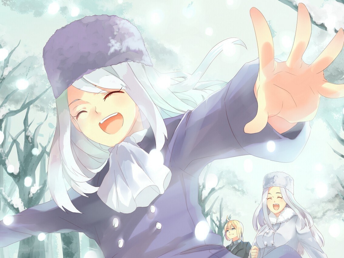 joyful winter scene with characters