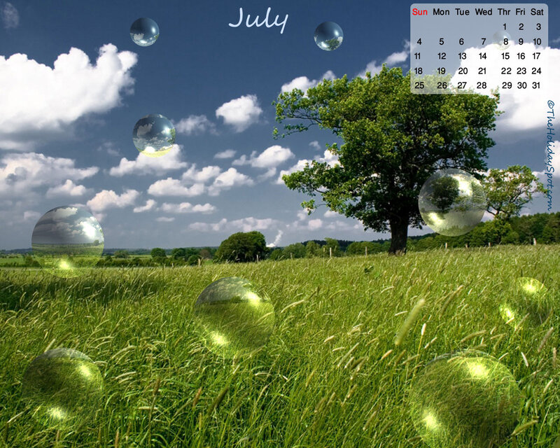 July calendar with bubbles