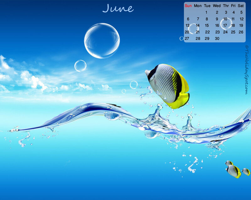 June calendar with fish and water