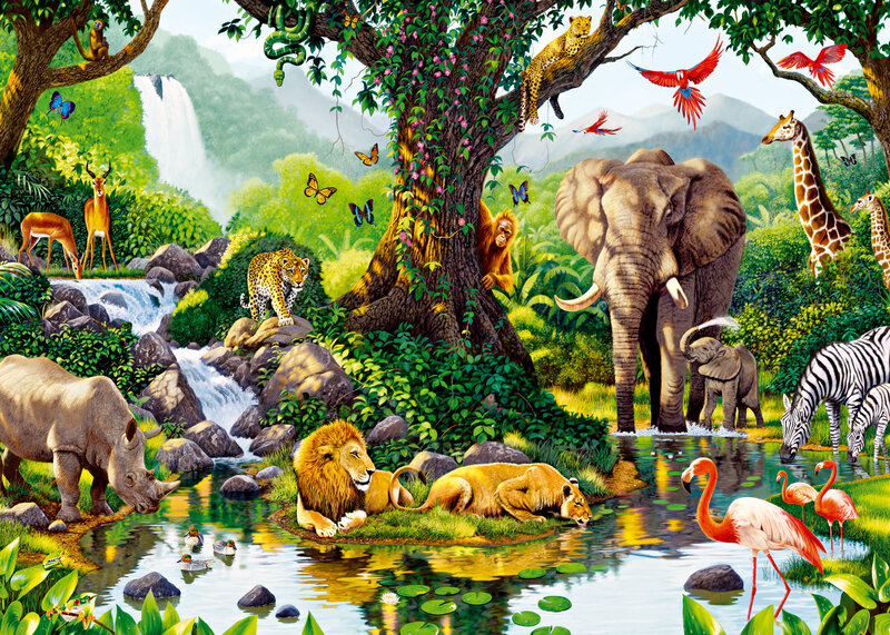 Jungle animals at watering hole