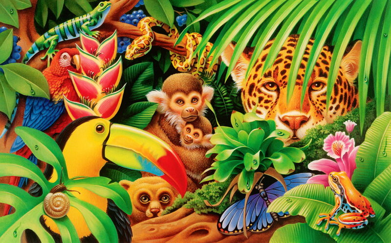 Jungle Animals in Foliage — Green, Vibrant, Illustration