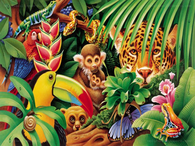 jungle animals in lush foliage