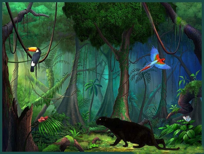 Jungle animals in lush forest