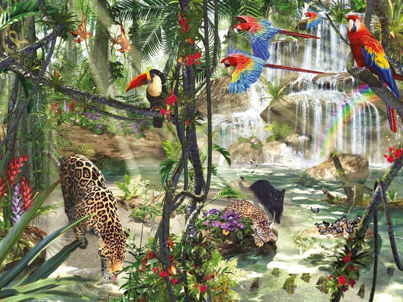 Jungle Animals Near Waterfall — Green