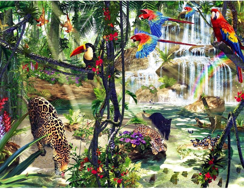 Jungle Animals Near Waterfall — Green, Vibrant, Afternoon, Digital Art