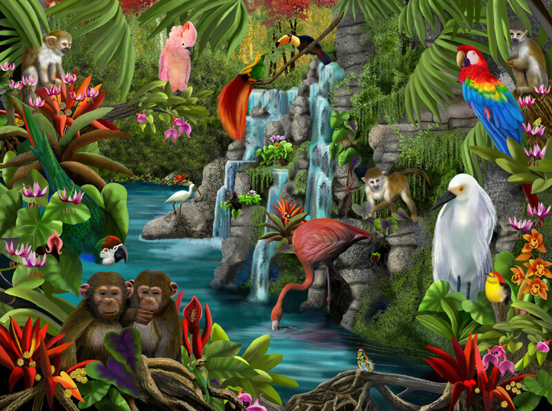 Jungle Animals Near Waterfall — Green, Vibrant