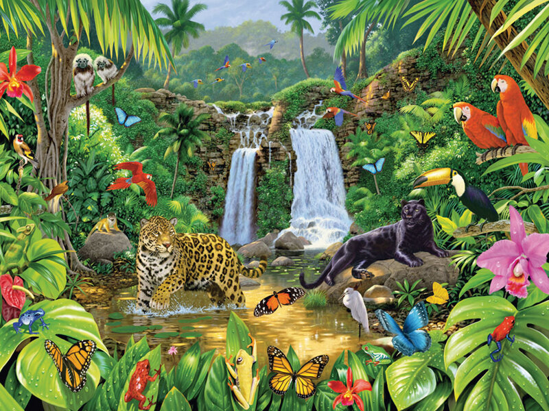 Jungle Animals Near Waterfall