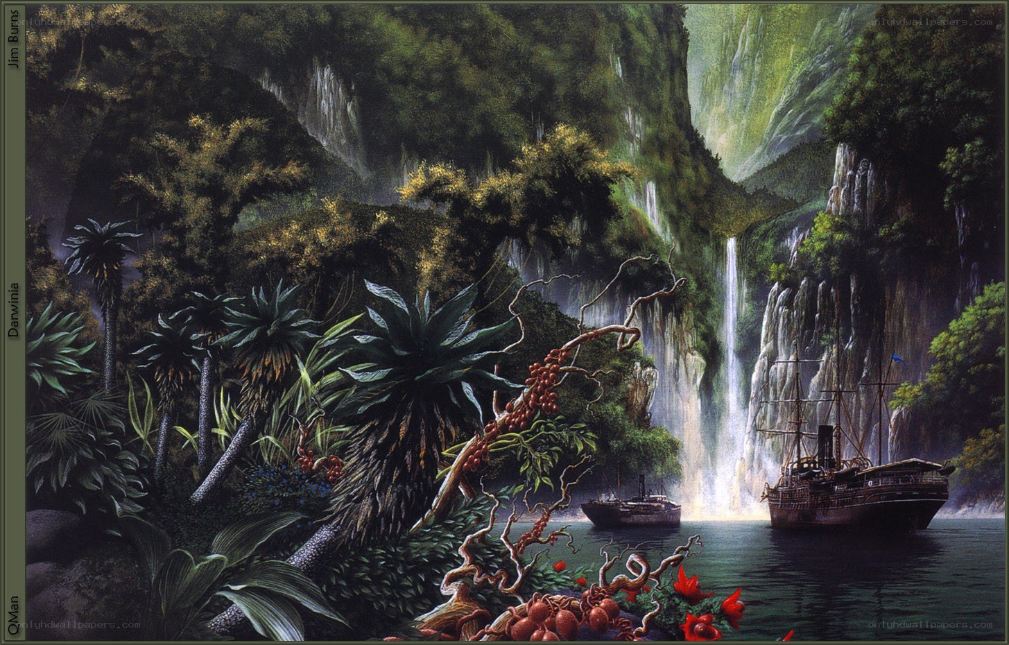Jungle river with ships
