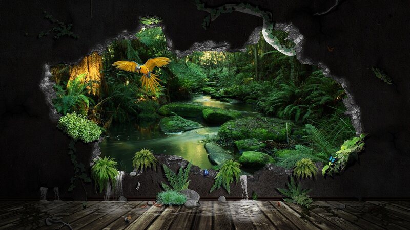 jungle scene through broken wall