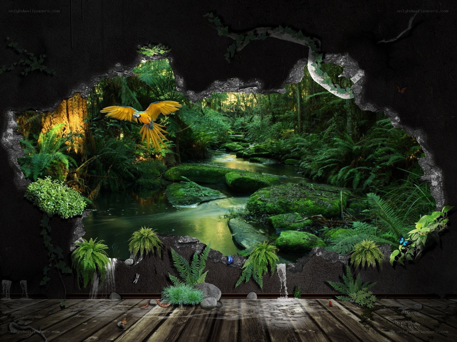 jungle scene through wall hole