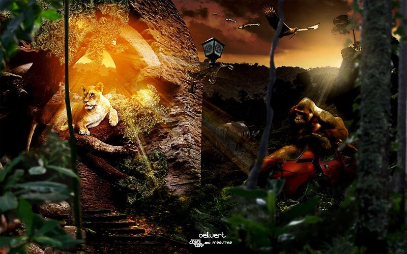 jungle scene with lion and gorilla