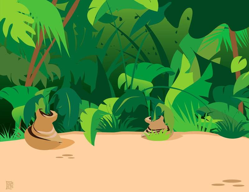 jungle scene with pots