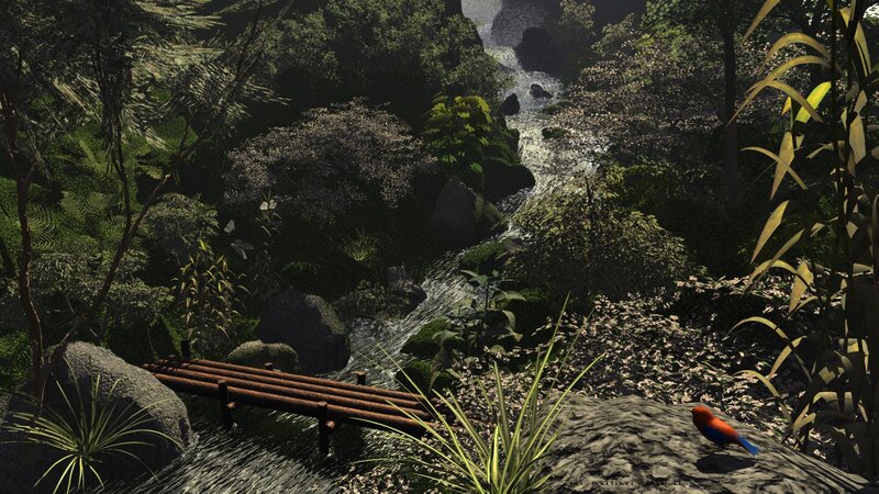 Jungle stream with wooden bridge