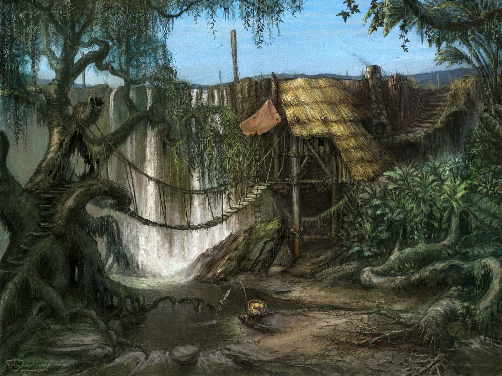 Jungle village by waterfall