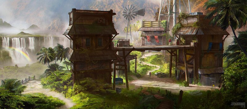 Jungle village near waterfall