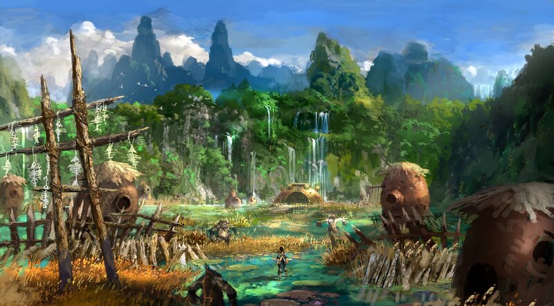 Jungle village with waterfalls