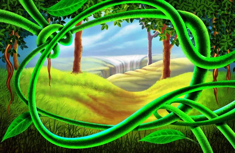 jungle vines framing waterfall