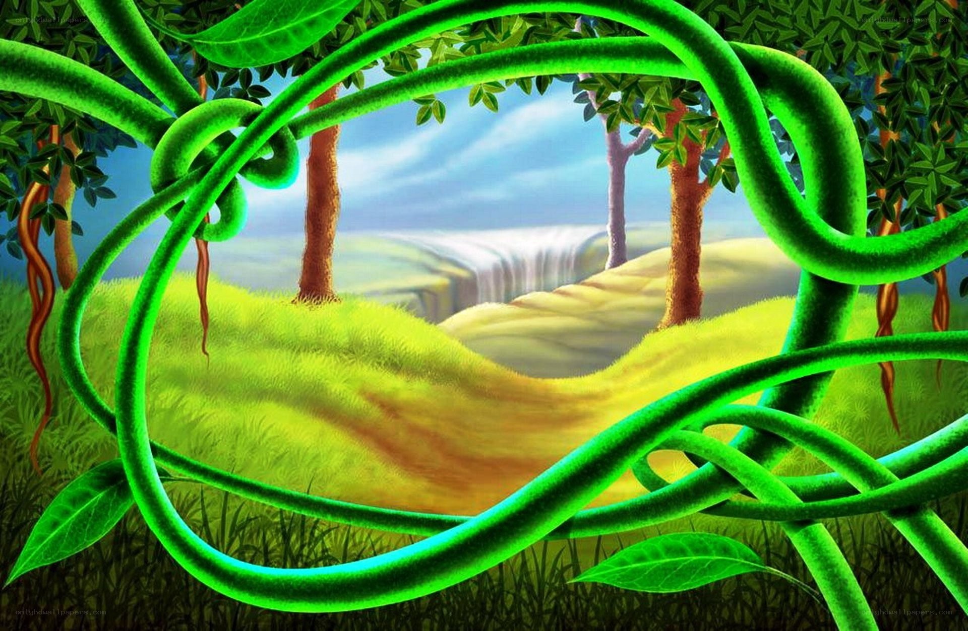 jungle vines framing waterfall