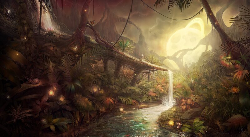 Jungle waterfall at dusk