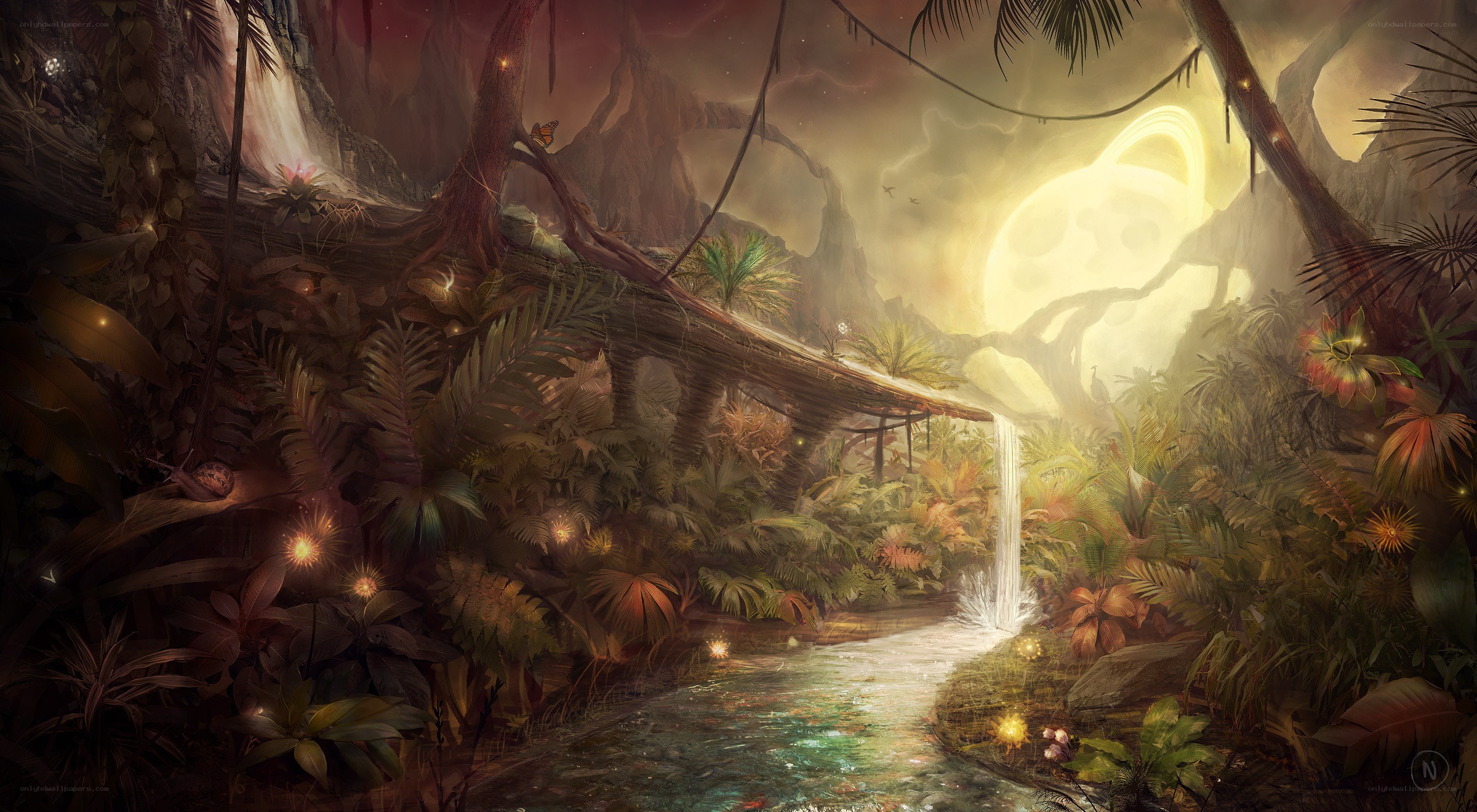 Jungle waterfall at dusk