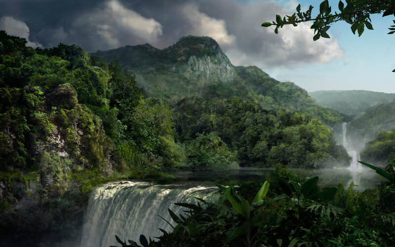 Jungle Waterfall Landscape — Green, Dramatic, Afternoon