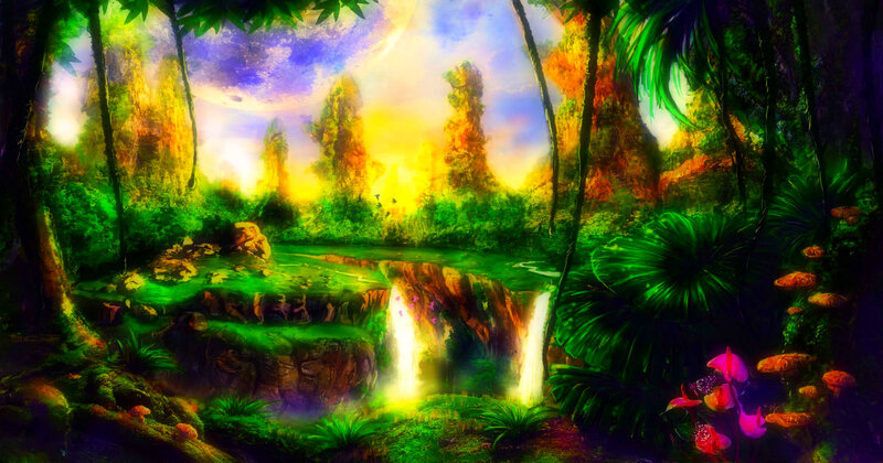 Jungle Waterfall Landscape — Green, Magical