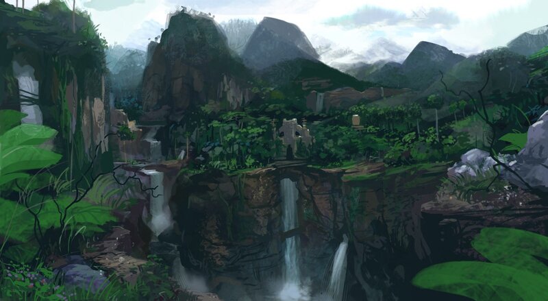 Jungle Waterfall Landscape — Green, Serene, Morning