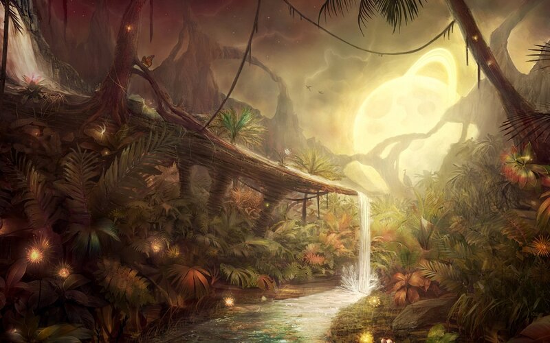 Jungle Waterfall Landscape — Green, Serene, Night, Digital Art