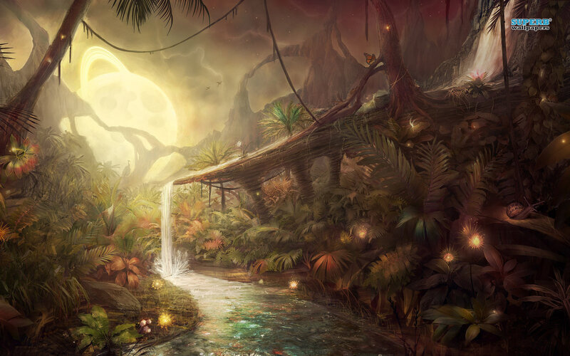 Jungle Waterfall Landscape — Green, Serene, Night