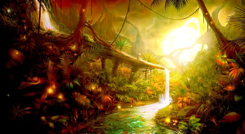 Jungle Waterfall Scene — Green, Dramatic, Sunset